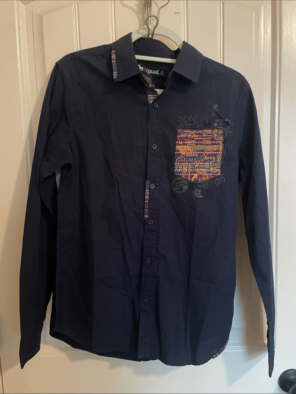 Desigual Men's Navy Button-Down Shirt with Multicolor Patch NWOT